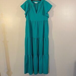 Calvin Klein Teal Ruffled Sleeve Tiered Maxi Dress